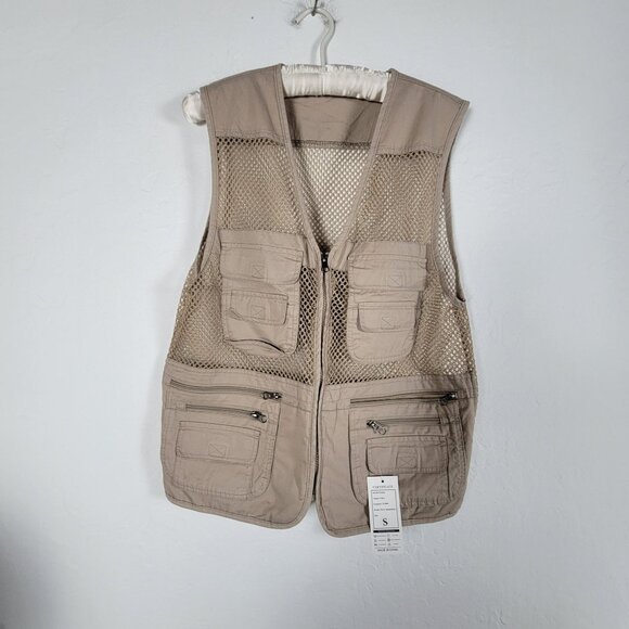 Kedera Men Tactical Mesh Fishing Vest Small Beige Zip Up Pockets Lightweight New